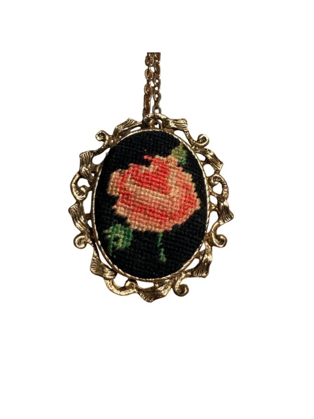 Vintage Needlepoint Rose Necklace Brooch Gold Tone Floral Convertible Pendant